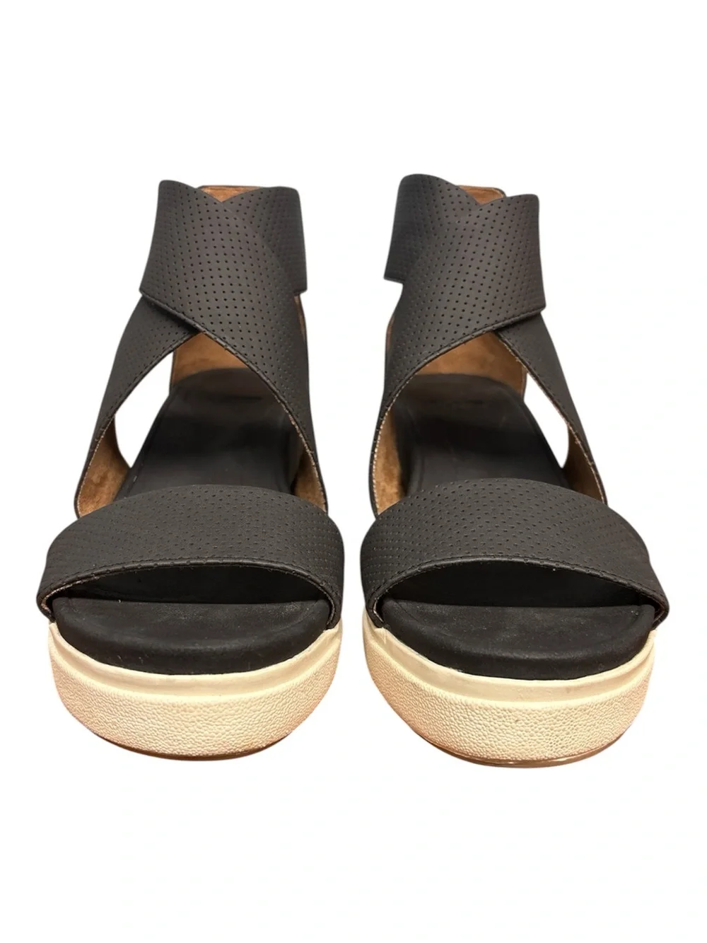 Dr Scholls Womens Sheena Platform Wedge Sandals Size 9 Faux Leather Black Smooth